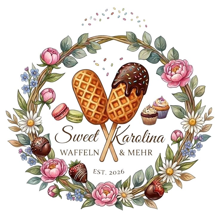 Sweet Karolina Logo mit floralem Blumenkranz und gekreuzten Waffeln